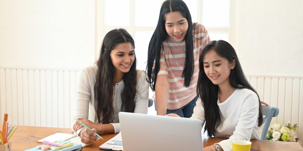 University students tutoring/studying online with video conference.