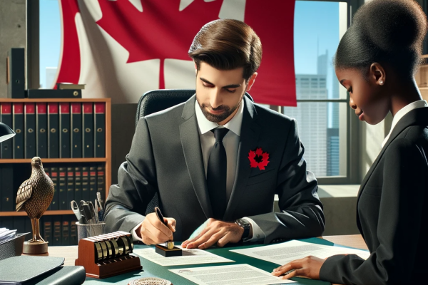 DALL·E 2023-11-13 19.25.43 - An image showing the process of document legalization in a professional setting, with a Canadian flag prominently displayed in the background. The sce