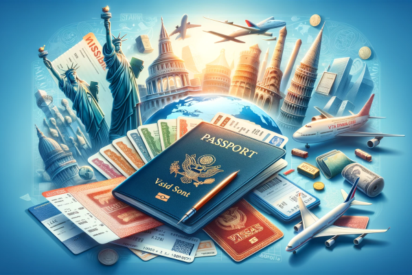 DALL·E 2023-11-13 20.01.20 - A wide banner image sized 1600x1069, illustrating the concept of visas and passports for international travel and study. The image showcases a collect